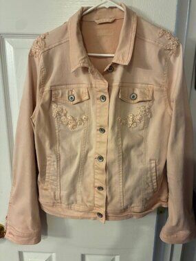 Women's Distressed Peach Stretch Denim Lace Pearl Embellished Jacket Size L/XL